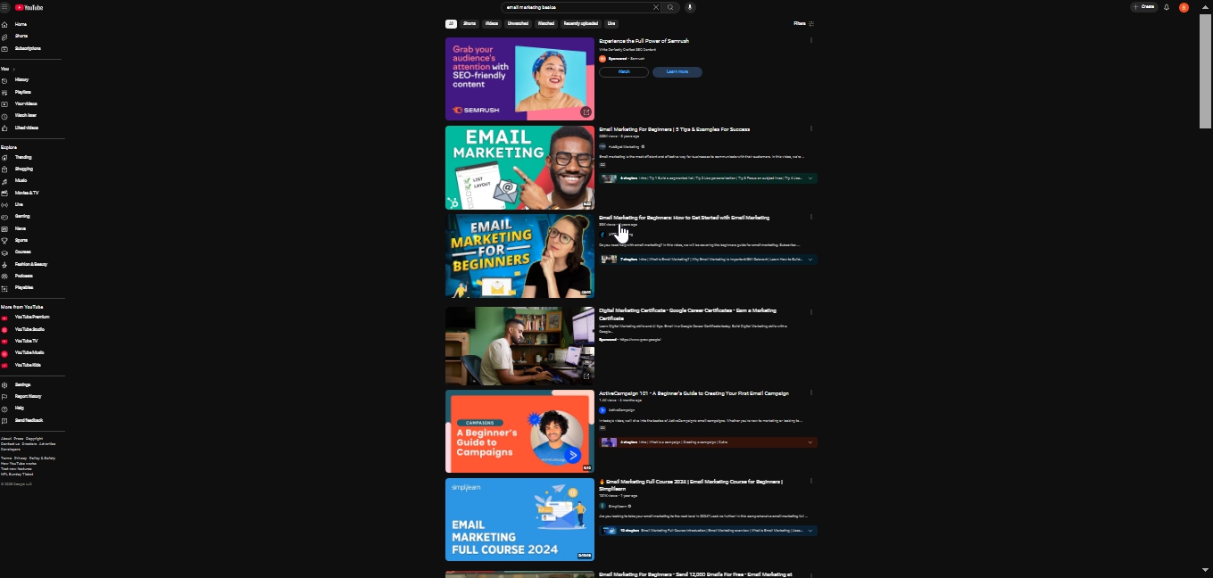 What is Digital Boss Academy: YouTube search results for "email marketing basics"